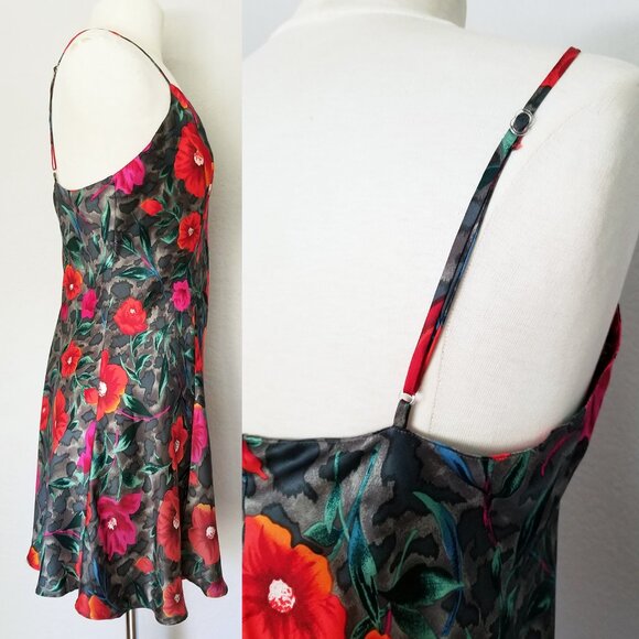 VTG Morgan Taylor 100% Silk Chemise Mini Slip Dress M Poppy Floral Romantic Y2K - Picture 7 of 9